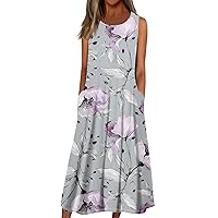 Womens Sun Dresses 2024 Maxi Dresses for Women 2024 Summer Casual Print Bohemian Beach Dress Sleeveless Crewneck Dress with Pockets Light Purple Medium