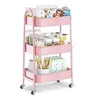 EAGMAK 3 Tier Utility Rolling Cart, Metal Storage Cart with Handle and Lockable Wheels, Multifunctional Storage Organizer Trolley with Mesh Baskets for Kitchen, Living Room, Office, Garage (Pink)