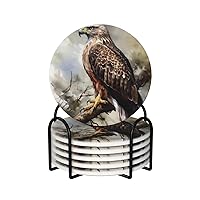 Coaster for Drink Ceramics Coaster Set of 6 Heat Resistant Drink Coasters with Holder Watercolor of Hawk Sitting in The Tree Coffee Cup Mat Tabletop Protection Cup Pad Round Coasters for Kitchen