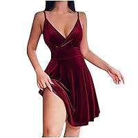 Women's Sleeveless Strap Velvet Petite Cocktail Beach Evening Party Sexy Low Cut V Neck Mini Gowns Dress Cocktail