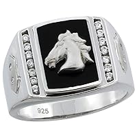 Mens Sterling Silver Black Onyx Horse Ring CZ Stones & Hexagon Accents, 19/32 inch wide