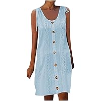 Beach Sundress for Women Casual Summer Sleeveless Lace Eyelet Dress Loose Fit Knee Length Tank Dress with Button Decor