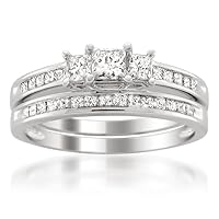 1.50 Carat,Prong Set 14K Platinum & Gold Princess-cut 3 Stone Wedding Bridal Ring Set (I-J, I1-I2) Real Fine Jewelry | by La4ve s | Gift Box Included (Yellow,White Gold)