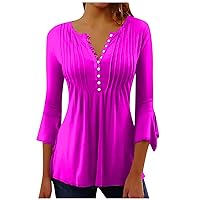 Basic Tops for Women V Neck Trending Three Quarter Sleeve Patterns Stretch Pleated Blouses & Button-Down Shirts