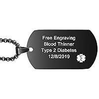 Alert Dog Tag Pendant Necklace Custom Engraved Name ID Stainless Steel - Bundle with 4 Items: Emergency Card, Sleeve, 22 Inches Chain / 2-Inch Extension Chain, Silencer