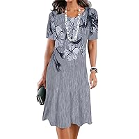 ZOCAVIA Womens Floral Print Dress-Summer Crewneck Midi Dress for Women Casual Short Sleeve Dress Elegant Floral Print Dresses