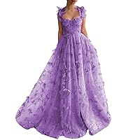 Lace Embroidered Prom Dresses Spaghetti Straps 3D Butterfly Tulle Long Formal Evening Gowns with Side Slit