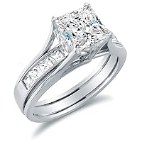 Solid 925 Sterling Silver Bridal Set Princess Cut Solitaire Engagement Ring with Matching Channel Set Wedding Band CZ Cubic Zirconia 2.0ct. With Elegant Velvet Ring Box
