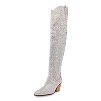 Rhinestone Boots for Women, Sparkly Boots Over the Knee Cowboy Boots Pointed Toe Pull On Side Zipper Chunky Heel Knee High Cowgirl Boots