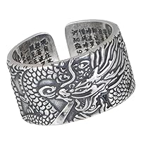 Vintage 999 Sterling Silver Chinese Dragon Ring Band Inscribed Heart Sutra for Men Women Open and Adjustable