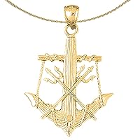 14K Yellow Gold Anchor With Poseidon's Trident 3D Pendant with 18