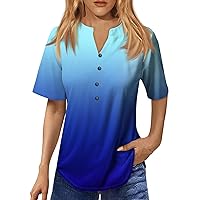 Ropa De Mujer Cute Button Up Tops for Women Women's Summer Shirts Fruit Shirts Women Womens Graphic Tees V-Neck Button-Down Short Sleeve T-Shirt Dressy Tunic Top Sky Blue XX-Large