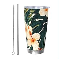 20 oz Tumbler Stainless Steel Vacuum Insulated Water Coffee Tumbler Cup Hawaiian Flower Palm Leaves Printed Double Wall Travel Mug with Lid Insulated Coffee Mug