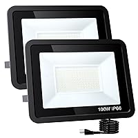 LED Flood Lights Outdoor, 100W 10000LM Outside Work Light with Plug IP66 Waterproof, 6000K Portable Exteriores Security Floodlights for Yard, Garden, Stadium, Playground (2 Pack)