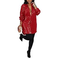 Midi Sequin Dress for Women Sparkle Button Down Sexy Shirt Dresses Long Sleeve Party Club Dress