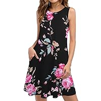 Sleeveless Crewneck Tank Dress Womens Trendy Flower Print Summer Sundress Casual Loose Beach Mini Dress with Pockets