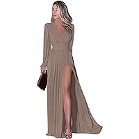 Long Sleeve Prom Dress with Pockets V Neck Split Formal Evening Gowns