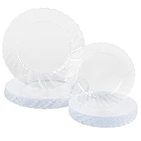Party Plastic Plates – Clear Scalloped Design - Round - 32 Count- Elegant Premium Heavyweight Combo Pack for Versatile Celebrations (7.5”, 10.25”) 16 of Each Size