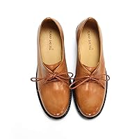 FSJ Women Leather Classic Lace up Flat Oxford Low Heel Round Toe Casual Dress Pump Shoes Size 4-12 US