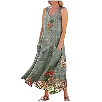 Linen Dress for Women Summer Casual Tank Dress Printed Sleeveless Long Dress Flowy Maxi Dresses with Pockets