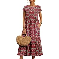Linen Dresses for Women 2024 Cotton Linen Floral Printed Maxi Dress Ethnic Boho Dress Loose Casual Beach Dress