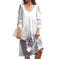 The Deal Cold Shoulder Dress for Women 2024 Bohemian Print Casual Sexy Patchwork with 3/4 Length Sleeve V Neck Dresses Purple Pink XX-Large