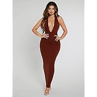 Women Dresses Plunging Neck Open Back Bodycon Halter Dress (Color : Rust Brown, Size : Large)