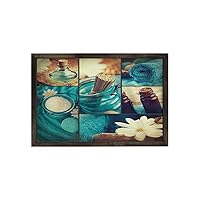 Ambesonne Spa Framed Wall Art, Blue Themed White Daisies Scents Towels and Incense Art Collage Design, Fabric Poster with Carbonized Tone Wood Frame Home Decor, 35