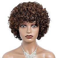 Short Curly Wig with Bangs Human Hair Wig for Black Women Short Curly Bob Wig Glueless Wig 150% Density (Color: DX4/33/30)