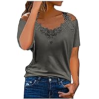 Cold Shoulder Tshirt Women Lace V Neck Sexy Tops Summer Trendy Hlater Blouse Loose Fit Short Sleeve Casual Shirts