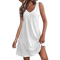 Women's T Shirts Casual Sundress with Pockets Boho Beach Dress T-Shirts V Neck Loose Tank Dresses, S XXXL
