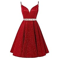 A-line Glitter Satin Prom Dresses Sleeveless for Women, V Neck Spaghetti Straps Homecoming Dress Evening Dress