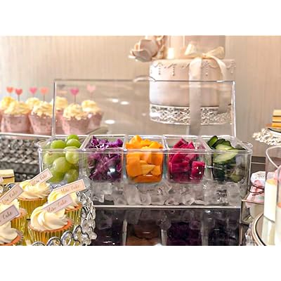 IVYHOME Ice Chilled 5 Compartment Condiment Server Caddy | Plastic Storage Food Containers | Serving Tray Container with 5 Removable Dishes Over 2 Cup
