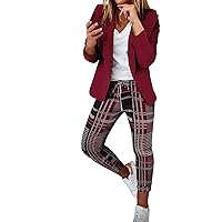 Women's 2 Piece Outfit Casual Plaid Open Front Blazer and Pencil Pant Suits Set Business Work Suit Jacket Dress Pants