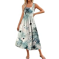 Dresses for Women 2024 Casual Summer Floral Print Loose Midi Dress Plus Size Sleeveless Square Neck Dress with Pocket