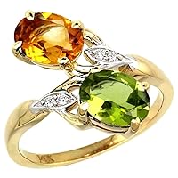 Silver City Jewelry 14k Yellow Gold Diamond Natural Citrine & Peridot 2-Stone Ring Oval 8x6mm, Sizes 5-10