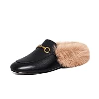 Vertundy Fur Mules with Matal Buckle Slip On Flats for Women Backless Sandals Dress Shoes Work Slides