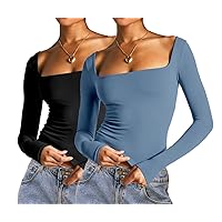 Abardsion 2 Piece Square Neck Tops for Women Slim Fit Double Layer Fall Long Sleeve Crop Top T Shirts