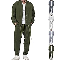 Mens Two Piece Outfits Sets Fall Buttoned Drawstring Open Front Cardigan and Casual Long Pants Loose Fit Jackets