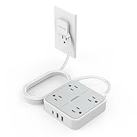 Flat Extension Cord 10 ft, TESSAN Ultra Thin Power Strip Under Carpet with 3 USB Wall Charger(1 USB C Port), 4 Outlets Slim Desk Charging Station Compact for Cruise Ship, Dorm Room Essentials Gray