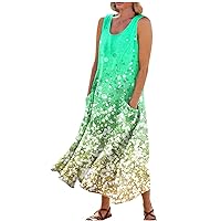 Cruise Clothes for Women 2024 Linen Dress for Women 2024 Bohemian Print Sparkly Fashion Loose Fit with Sleeveless U Neck Summer Dresses Green Medium