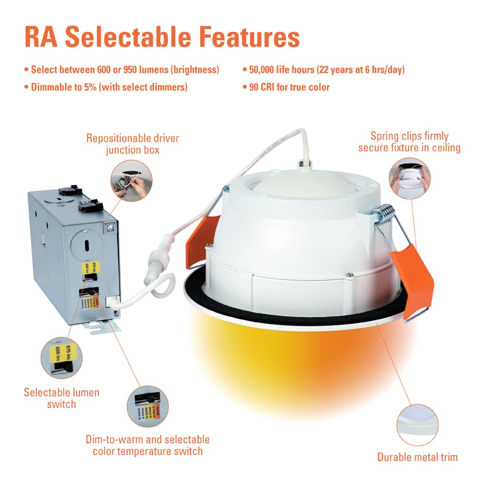 HALO RA 6 in. Integrated LED Recessed Light Trim, 600 Lumens/1000 Lumens, 5 Selectable CCT, D2W, 120-Volt, DM