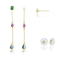 14K Yellow Gold Multishape Multicolor Cubic Zirconia Bezel Studs on Linked Dangling Earrings with Silicon Backs