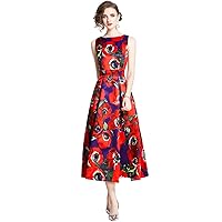 Spring Summer Fall Vintage Floral Print Crew Boat Neck Sleeveless Women Ladies Casual Party Midi Long Vest Dresses