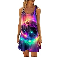 Funny Galaxy Planet Print Mini Beach Dress Womens Summer Vacation Sundress Sleeveless Boat Neck Tunic Tank Dresses