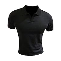 Mens Knitted Polo Shirt Muscle Short Sleeve Pullover V Neck Stretch Beach Tops Casual Slim Fit Vintage Golf T-Shirt