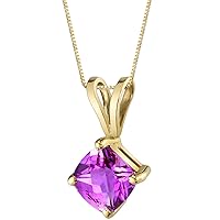 PEORA Created Pink Sapphire Pendant in 14 Karat Yellow Gold, Classic Solitaire, Cushion Cut, 6mm, 1 Carat total