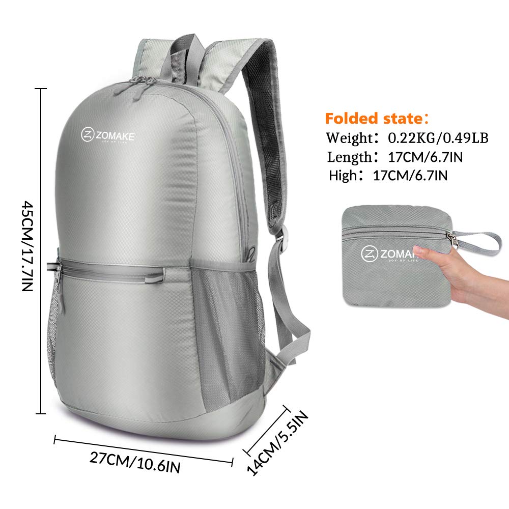 ZOMAKE Ultra Lightweight Hiking Backpack 20L - Water Resistant Small Backpack Packable Daypack for Women Men(Silver Gray)