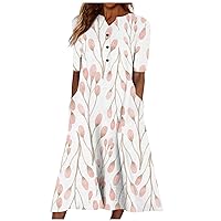 Summer Dresses for Women 2024 Trendy Crewneck/V Neck Maxi Dress Short Sleeve Dressy Casual Sundress with Pocket Today(1-White,Medium)