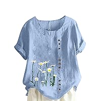 Womens Cotton Linen Blouses Dressy Casual Floral Print Summer Tops Loose Fit Short Sleeve Crew Neck Button Down Tshirts